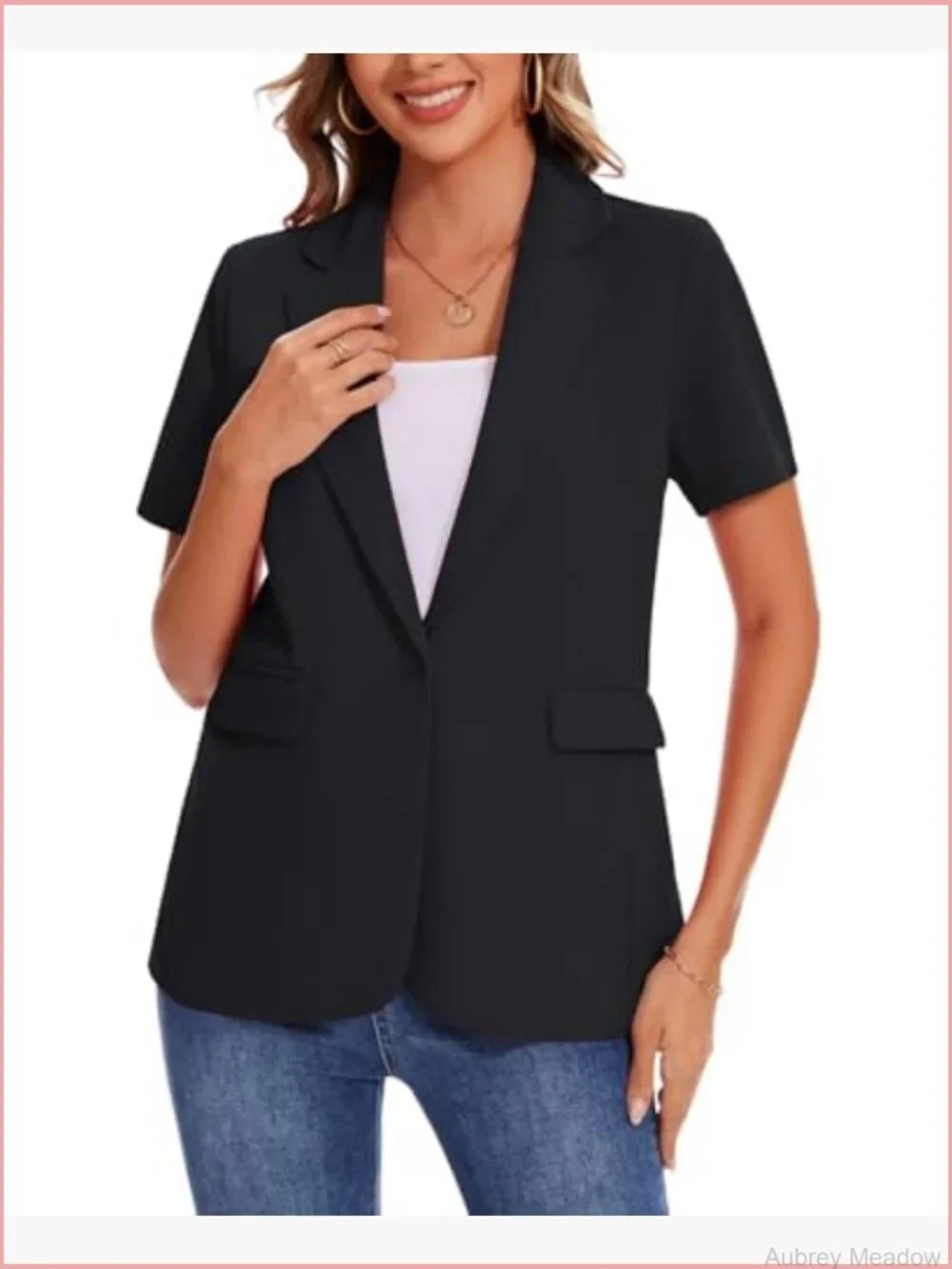 Short Sleeve Blazer Women One Button Lapel Casual Work Office Jacket Suit